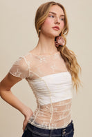 Listicle FITTED Sheer Floral Mesh Top in Ecru