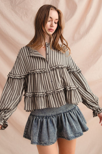 So Me Variegated Stripe Reversible Flowy Boho Top in Black