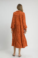 Umgee Solid Color Textured Leaf Pattern Midi Dress in Rust