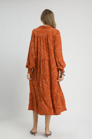 Umgee Solid Color Textured Leaf Pattern Midi Dress in Rust