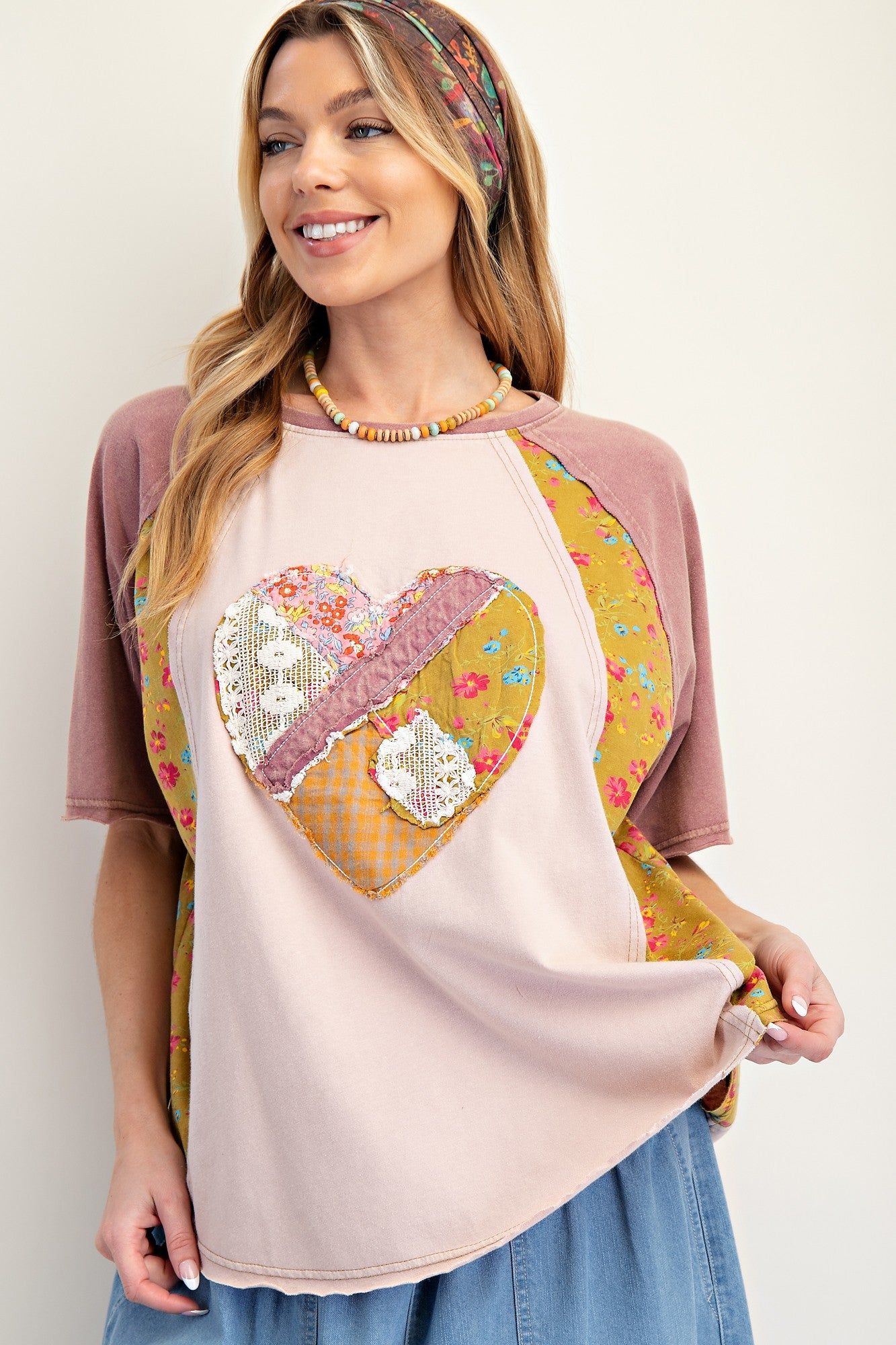 Easel Mix n Match Heart Patched Top in Mauve – June Adel