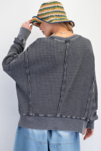 Easel Mineral Washed Thermal Knit Top in Ash ON ORDER