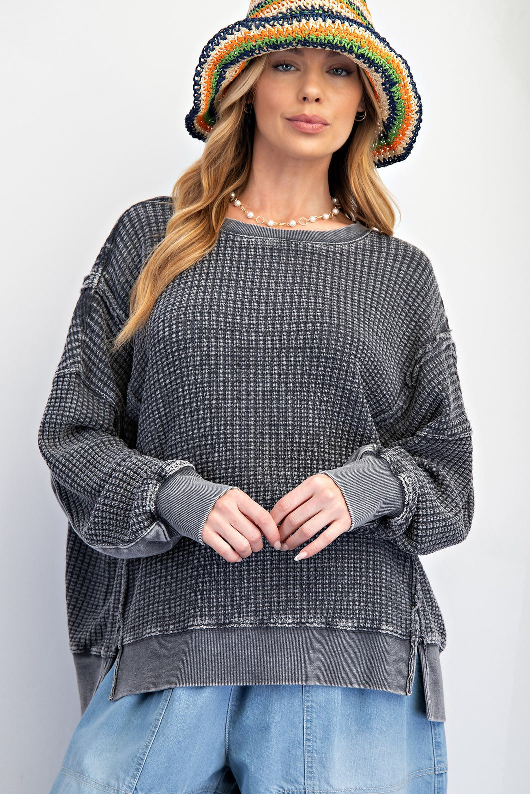 Easel Mineral Washed Thermal Knit Top in Ash ON ORDER