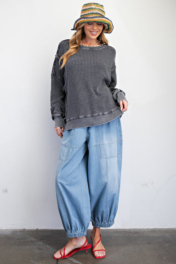 Easel Mineral Washed Thermal Knit Top in Ash ON ORDER