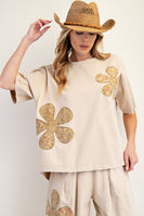 Easel OVERSIZED Flower Patch Mineral Washed Top in Khaki