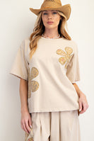 Easel OVERSIZED Flower Patch Mineral Washed Top in Khaki
