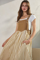 Oddi Colored Denim and Striped Overall Dress in Washed Taupe