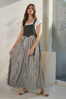 Oddi Colored Denim and Striped Overall Dress in Washed Black