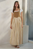Oddi Colored Denim and Striped Overall Dress in Washed Taupe