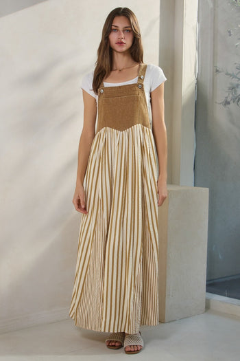 Oddi Colored Denim and Striped Overall Dress in Washed Taupe