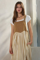 Oddi Colored Denim and Striped Overall Dress in Washed Taupe