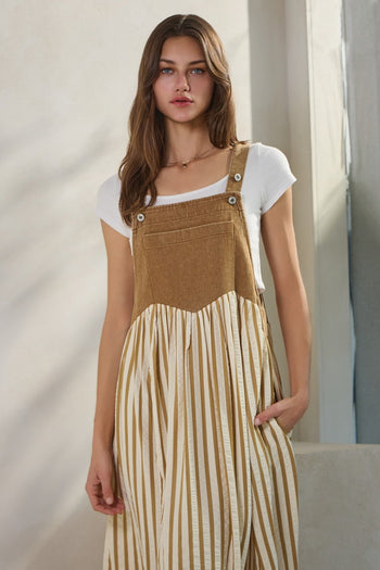 Oddi Colored Denim and Striped Overall Dress in Washed Taupe