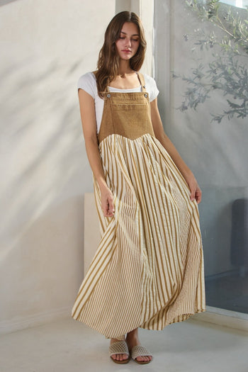 Oddi Colored Denim and Striped Overall Dress in Washed Taupe