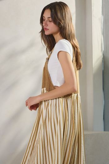 Oddi Colored Denim and Striped Overall Dress in Washed Taupe