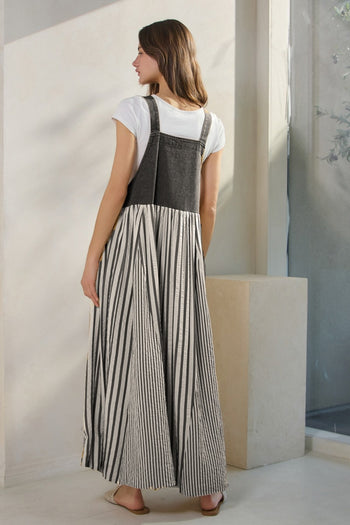 Oddi Colored Denim and Striped Overall Dress in Washed Black