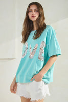 Oddi OVERSIZED Top with LOVE Cutout Lace Patched Top in Washed Aqua