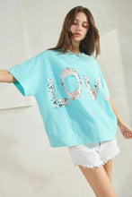 Load image into Gallery viewer, Oddi OVERSIZED Top with LOVE Cutout Lace Patched Top in Washed Aqua
