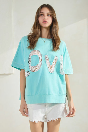 Oddi OVERSIZED Top with LOVE Cutout Lace Patched Top in Washed Aqua