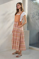 Oddi Denim and Plaid Print Overall Maxi Dress in Rose Tan