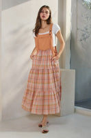 Oddi Denim and Plaid Print Overall Maxi Dress in Rose Tan