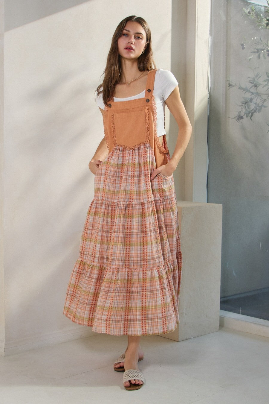 Oddi Denim and Plaid Print Overall Maxi Dress in Rose Tan