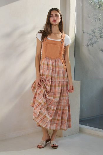 Oddi Denim and Plaid Print Overall Maxi Dress in Rose Tan