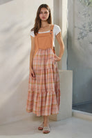 Oddi Denim and Plaid Print Overall Maxi Dress in Rose Tan