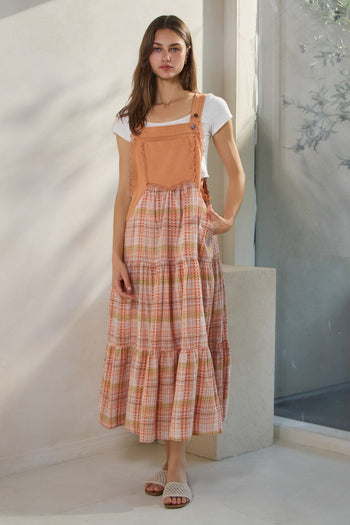 Oddi Denim and Plaid Print Overall Maxi Dress in Rose Tan