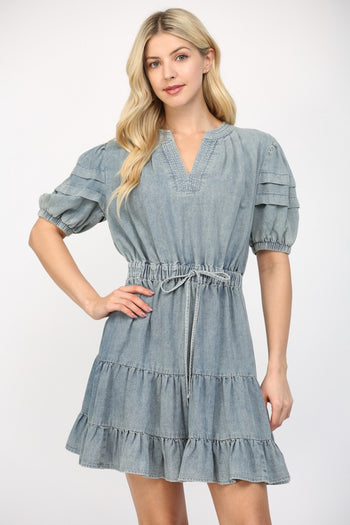 FATE Denim Tiered Mini Dress in Light Denim L at June Adel