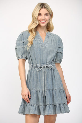 FATE Denim Tiered Mini Dress in Light Denim L FATE Denim Tiered Mini Dress in Light Denim L