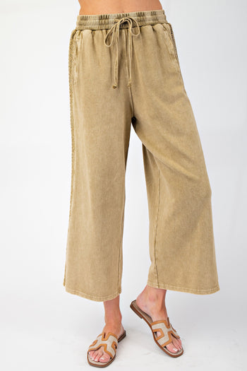 Easel Mineral Washed Terry Knit Pants with Lace Trim in Faded Olive