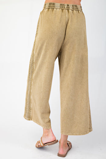 Easel Mineral Washed Terry Knit Pants with Lace Trim in Faded Olive