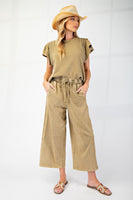 Easel Mineral Washed Terry Knit Pants with Lace Trim in Faded Olive