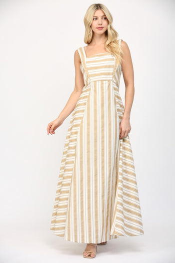 FATE Two Toned Striped Maxi Dress in White/Taupe