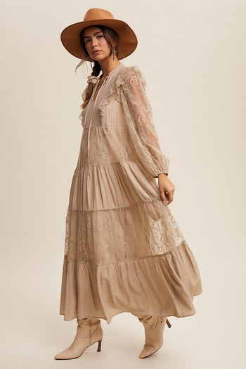 Listicle Solid Color Tiered Maxi Dress in Taupe