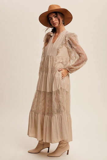 Listicle Solid Color Tiered Maxi Dress in Taupe