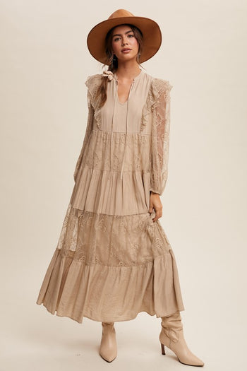 Listicle Solid Color Tiered Maxi Dress in Taupe