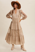 Listicle Solid Color Tiered Maxi Dress in Taupe