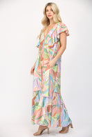 FATE Abstract Print Midi Dress with Piping Details in Cream Multi