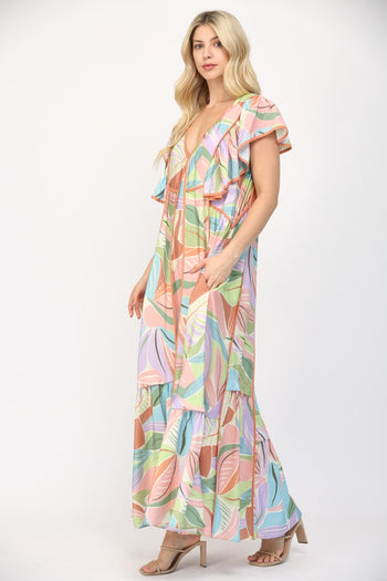 FATE Abstract Print Midi Dress with Piping Details in Cream Multi