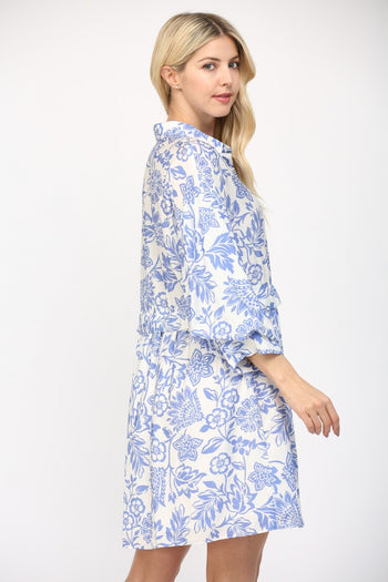 FATE Two Toned Floral Print Mini Dress in White/Blue