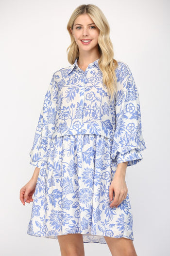 FATE Two Toned Floral Print Mini Dress in White/Blue