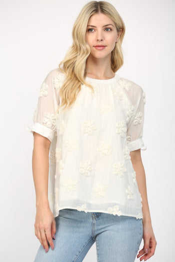 FATE Solid Color Sheer Top with 3D Puff Flowers in Off White