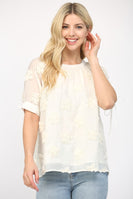 FATE Solid Color Sheer Top with 3D Puff Flowers in Off White