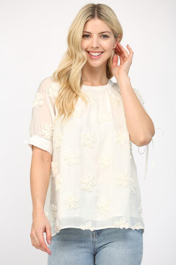 FATE Solid Color Sheer Top with 3D Puff Flowers in Off White