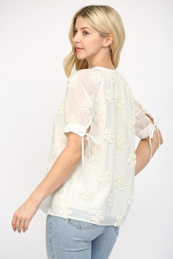 FATE Solid Color Sheer Top with 3D Puff Flowers in Off White