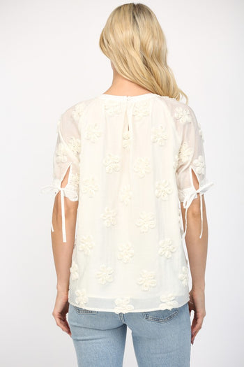 FATE Solid Color Sheer Top with 3D Puff Flowers in Off White