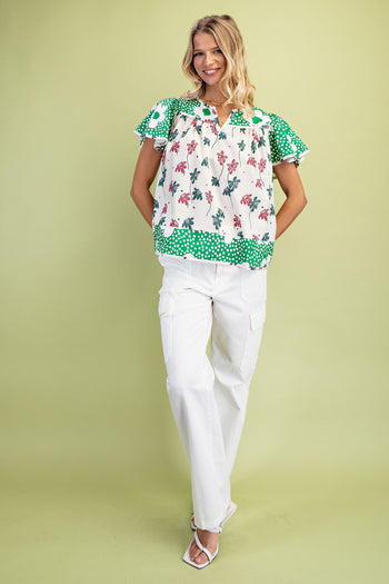 GiGio Mixed Floral Print Top in Green Mix
