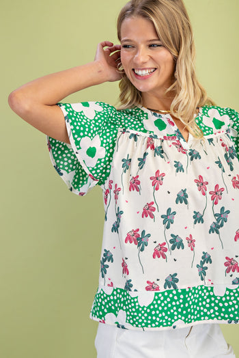 GiGio Mixed Floral Print Top in Green Mix