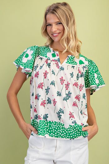 GiGio Mixed Floral Print Top in Green Mix